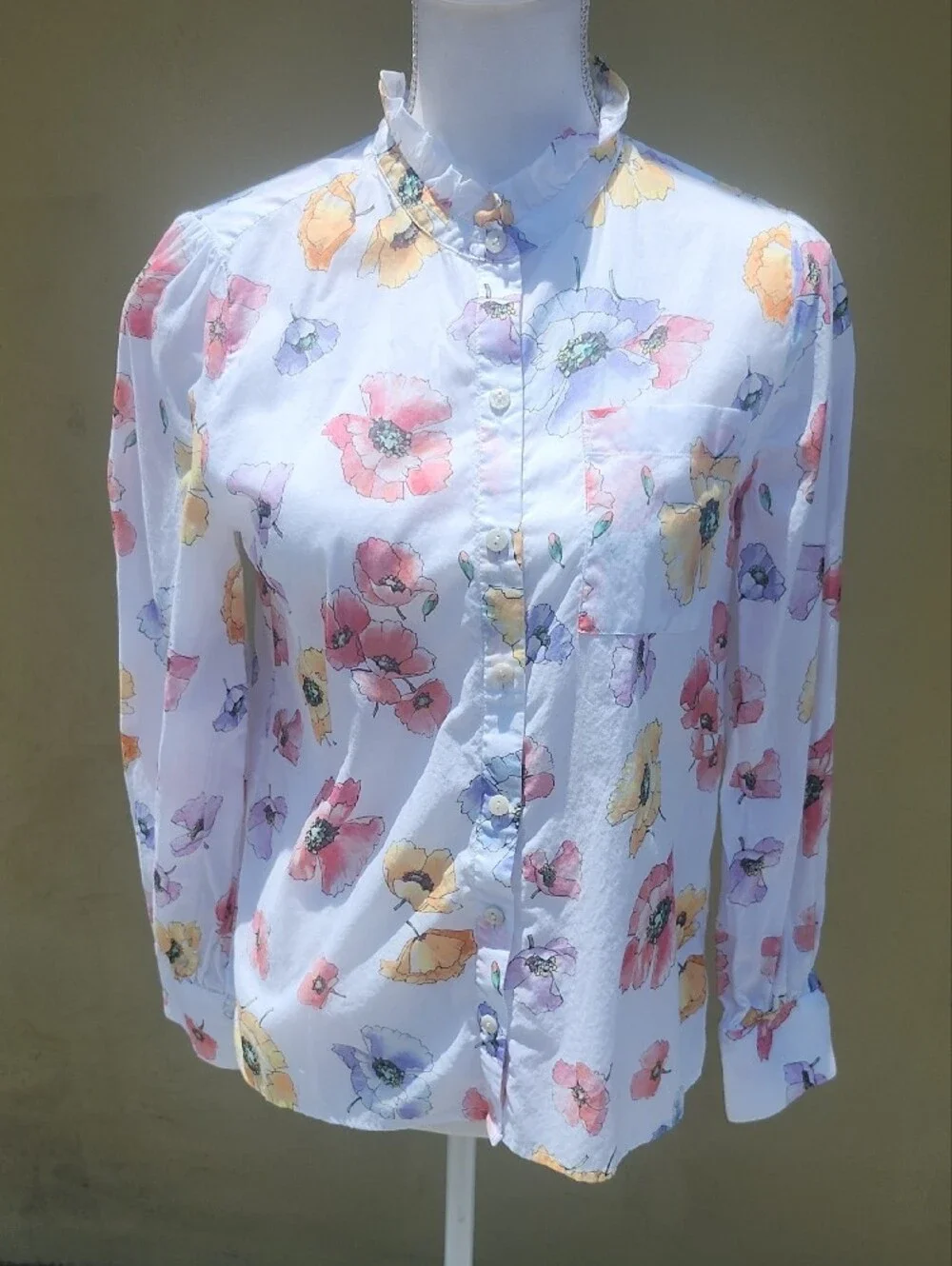 Chico's White Button-Down Shirt with Pink, Yellow & Purple Floral Print